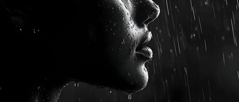 Close-up profile of woman&rsquo;s face in the rain at night
