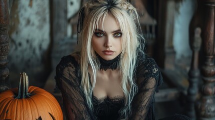 Obraz premium Dark Gothic Halloween Aesthetic with Pumpkins and Mysterious Girl