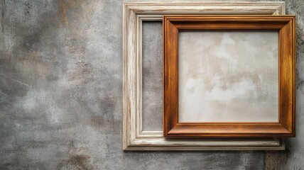 Two empty wooden frames on textured concrete wall