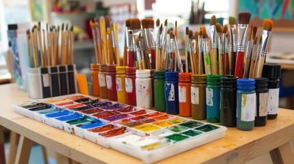 Obraz premium Art Class Ready: Show an art teacher preparing supplies for the first day of art class, organizing paints, brushes, and canvases.
