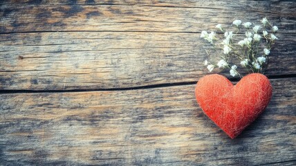 Red fabric heart and white flowers on rustic wooden background
