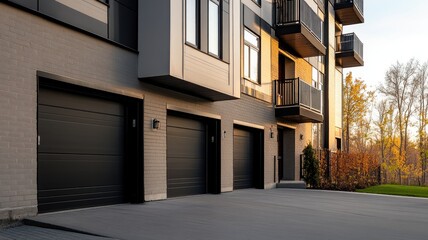Obraz premium Modern residential building exterior with multiple garage doors