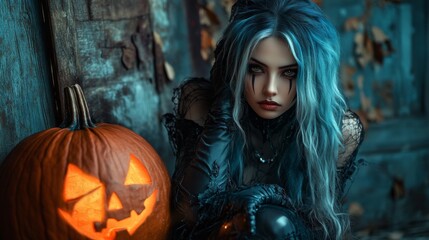 Dark Gothic Halloween Aesthetic with Pumpkins and Mysterious Girl