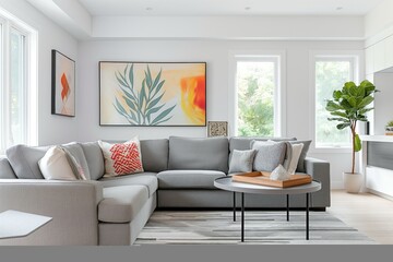 Grey couch in modern living room with green carpet. Clean, comfortable, contemporary decor. Bright, elegant, luxurious home interior design. Minimalist furniture, wooden frame, stylish pillow, plant