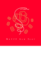 正月素材：小槌と小判とヘビのシンプルでおしゃれなラインアート年賀状素材（巳年）