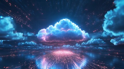 Neon-lit digital cloud surrounded by swirling data particle effects image