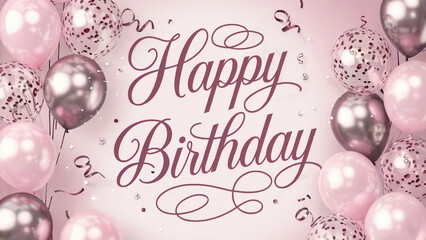 A festive birthday greeting. Dominating the center is a textual message written in elegant cursive script that reads 'Happy Birthday'.