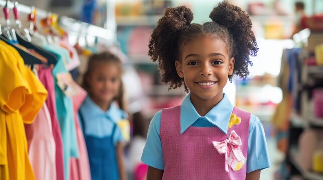 Capture kids trying on new school uniforms in a bright, cheerful store, preparing for the upcoming school year.