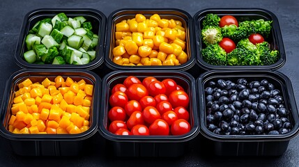 Fresh fruits and vegetables are neatly packed in plastic containers, vibrant and healthy.