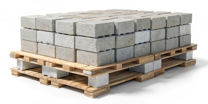 Pile of concrete bricks on pallet isolated on background, concrete blocks, paving blocks