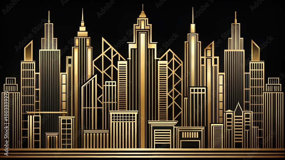 Wall mural Stylized art deco skyline in gold and black, art deco, skyline,geometric, skyscrapers, architecture, gold, black, cityscape