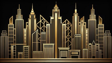 Stylized art deco skyline in gold and black, art deco, skyline,geometric, skyscrapers, architecture, gold, black, cityscape