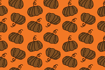 Seamless pattern with doodle brown cute pumpkin flat trendy style isolated on orange background