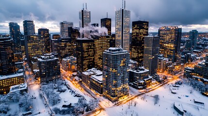 Naklejka premium An aerial view of a snow-covered cityscape at dusk reveals illuminated buildings twinkling in the cold.