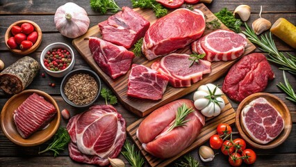 Variety of raw meat including beef, chicken, pork, and lamb, raw, meat, beef, chicken, pork, lamb, ribs, steak, cuts