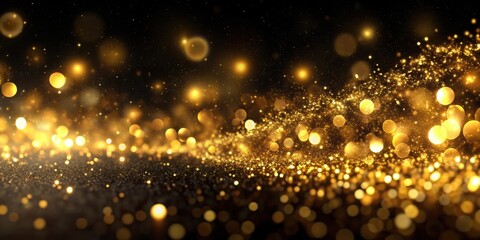 Gold particles trail with glowing bokeh particles on a black background, perfect for Christmas abstract footage, gold