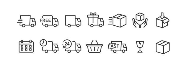 配達 物流 トラック アイコンセット ( ベクター 線画 主線 透過 黒 シンプル オンラインショップ ウェブ シンプル )