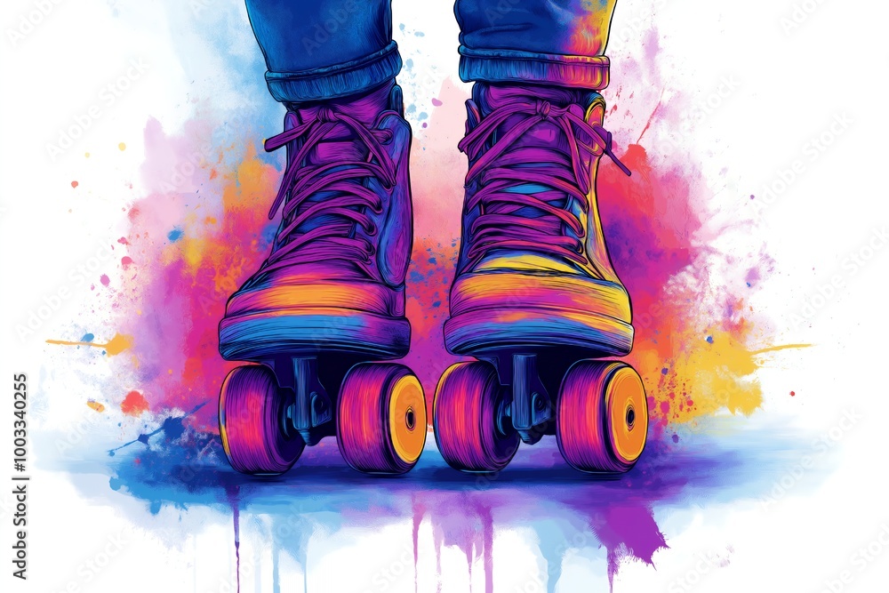 Wall mural Colorful roller skates with paint splatter background.