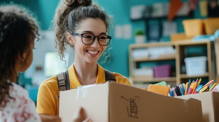Classroom Supplies Delivery Show a delivery person bringing boxes of school supplies to a teacher, ready to stock the classroom for students.