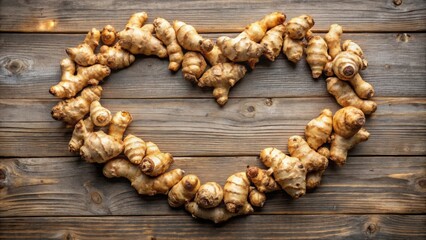 Obraz premium Sunchokes arranged in heart formation , food, sunchokes, tubers, vegetables, knobby, light brown, irregular