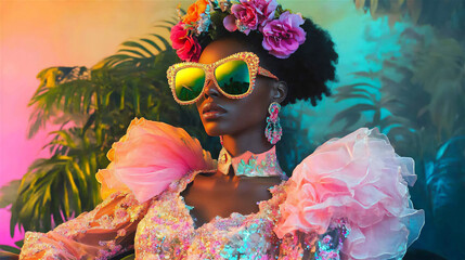 woman wearing big sunglasses flowers on head ball gown