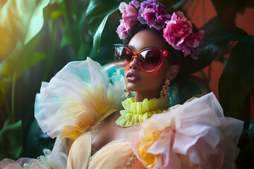 woman wearing big sunglasses flowers on head ball gown