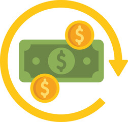 Flat icon illustrating the concept of money turnover with a banknote and coins inside a circular arrow