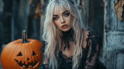Fototapeta premium Dark Gothic Halloween Aesthetic with Pumpkins and Mysterious Girl