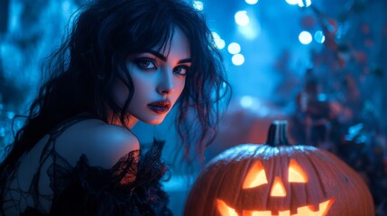Dark Gothic Halloween Aesthetic with Pumpkins and Mysterious Girl