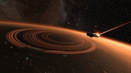 Fototapeta premium Spaceship Flying Through a Ringed Planet