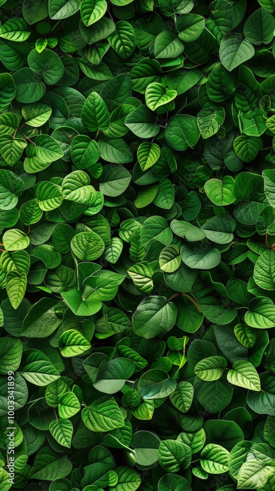 Wall mural Dense wall of tiny leaves, arranged in a natural pattern, vibrant greens with soft shadows, perfect for organic and nature-inspired themes.