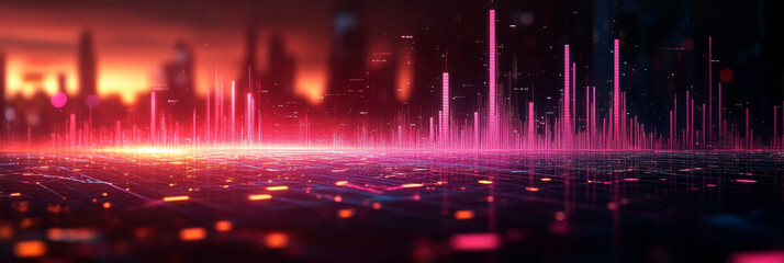 Naklejka premium Abstract digital cityscape with glowing lights and pink lines.