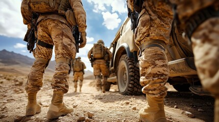 Fototapeta premium Soldiers Walking in Desert Near Military Vehicle, Combat Patrol, Tactical Gear