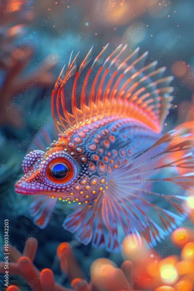 Poster A colorful fish with intricate details swims through the water. AI.