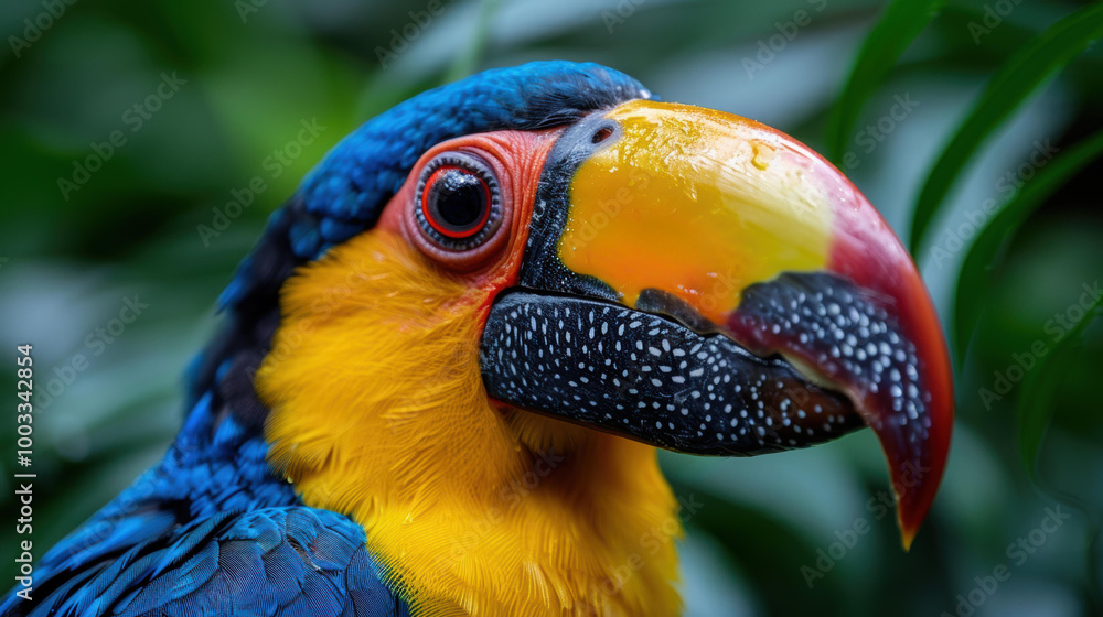 Poster a close-up of a bird with colorful feathers and a large beak. ai.