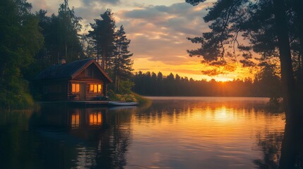 Fototapeta premium A cabin is on a lake with the sun setting in the background. The cabin is surrounded by trees and the water is calm