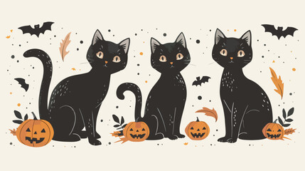 Flat lay design Hand drawn halloween black cats collection, Halloween elements, Happy Halloween