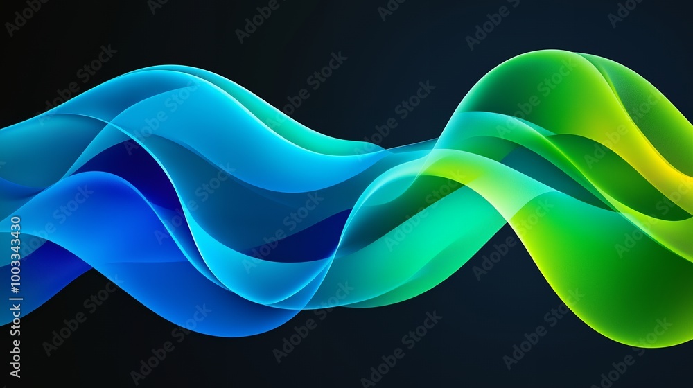 Wall mural Abstract blue and green flowing waves on black background.