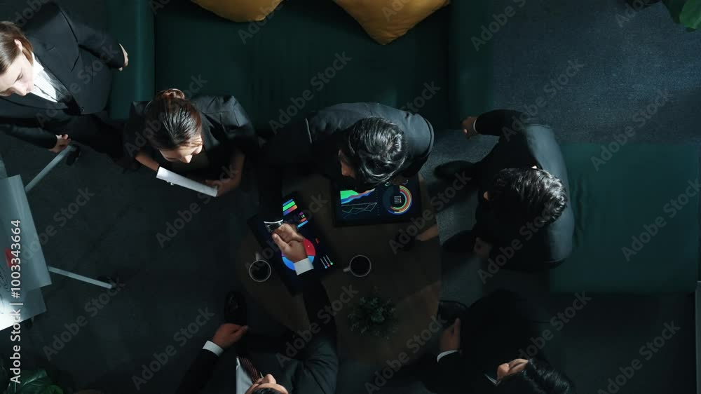 Aufkleber top down view of business team listen investor present idea while standing at whiteboard. group clap