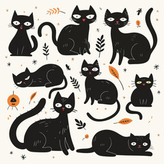 Flat lay design Hand drawn halloween black cats collection, Halloween elements, Happy Halloween