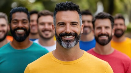 Group of diverse men celebrating International Mens Day, outdoors with smiles and unity, deep depth of field capturing every detail