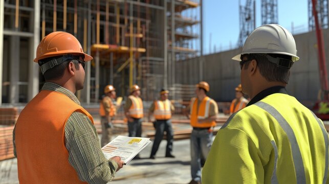 Generate a photo realistic image of a worker orientation program at a construction site, with orientation materials, safety training, site tour, and new workers in safety gear