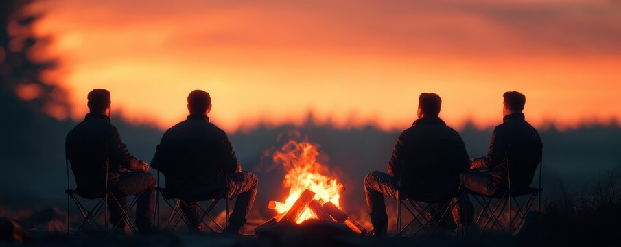 International Mens Day celebration, men sharing stories around a campfire, deep focus capturing the warm, relaxed atmosphere 