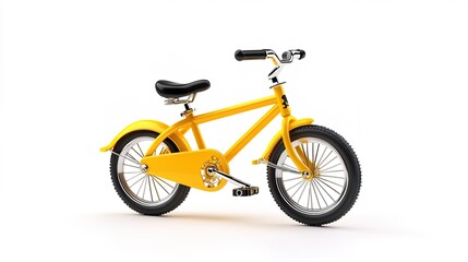 Naklejka premium A small yellow bicycle isolated on a white background, showcasing a minimalist and playful design. The bright yellow frame contrasts with the clean white backdrop, making the bike stand out, 