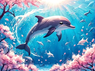 Fototapeta premium Ocean animals. Sea fish, underwater marine cute dolphin and jellyfish, nature world life with whale and coral reef. Childish background or poster. Cartoon flat isolated vector illustration