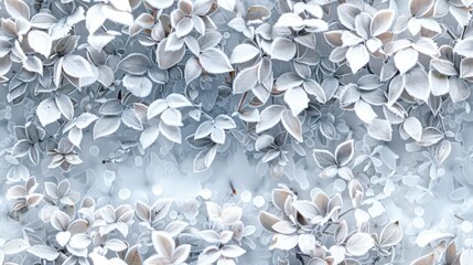 Frost-covered wall of tiny leaves, delicate ice patterns, cold winter tones, soft light, capturing the stillness of the season.