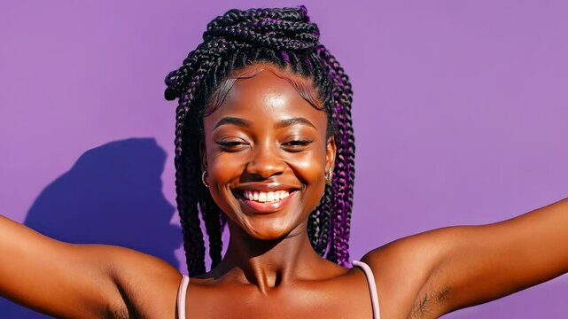 Joyful woman with unshaven, hairy armpits fashionable braided hair standing out against purple background.