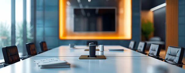 Meeting Room Table with Chairs, Documents, and a Coffee Cup - 3D Illustration