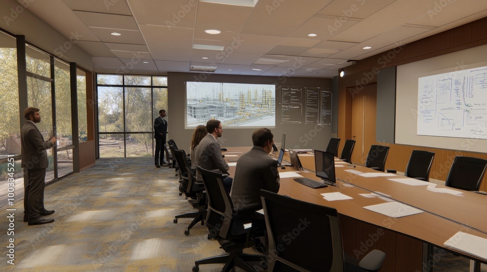 Wall mural generate a photo realistic image of a scope definition meeting for a construction project, with scop
