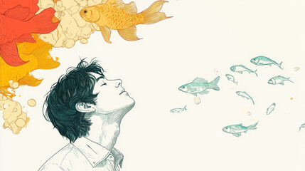 Man with eyes closed daydreaming of fish